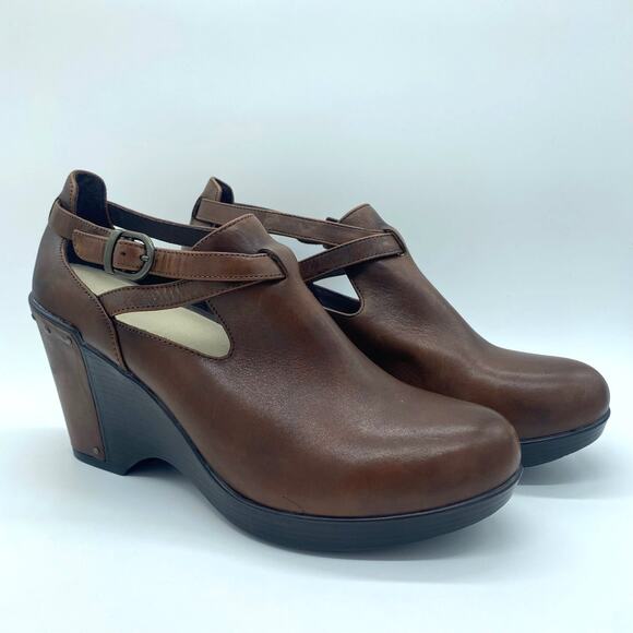 Dansko Women's size 41 / 9.5 Franka Brown Leather Heeled Clogs Boho Chunky - Picture 1 of 8